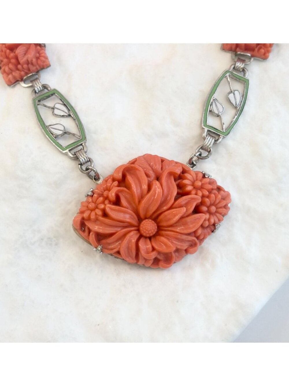 Pink Celluloid Floral Vintage Silver Toned Enamel 80's Pendant Necklace - 16"